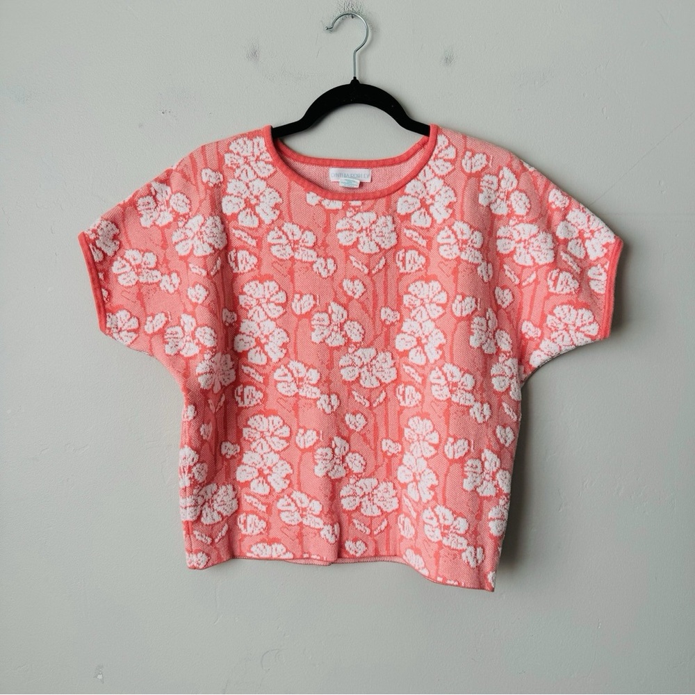 Cynthia Rowley Coral and White Floral Short Sleeve Sweater Top